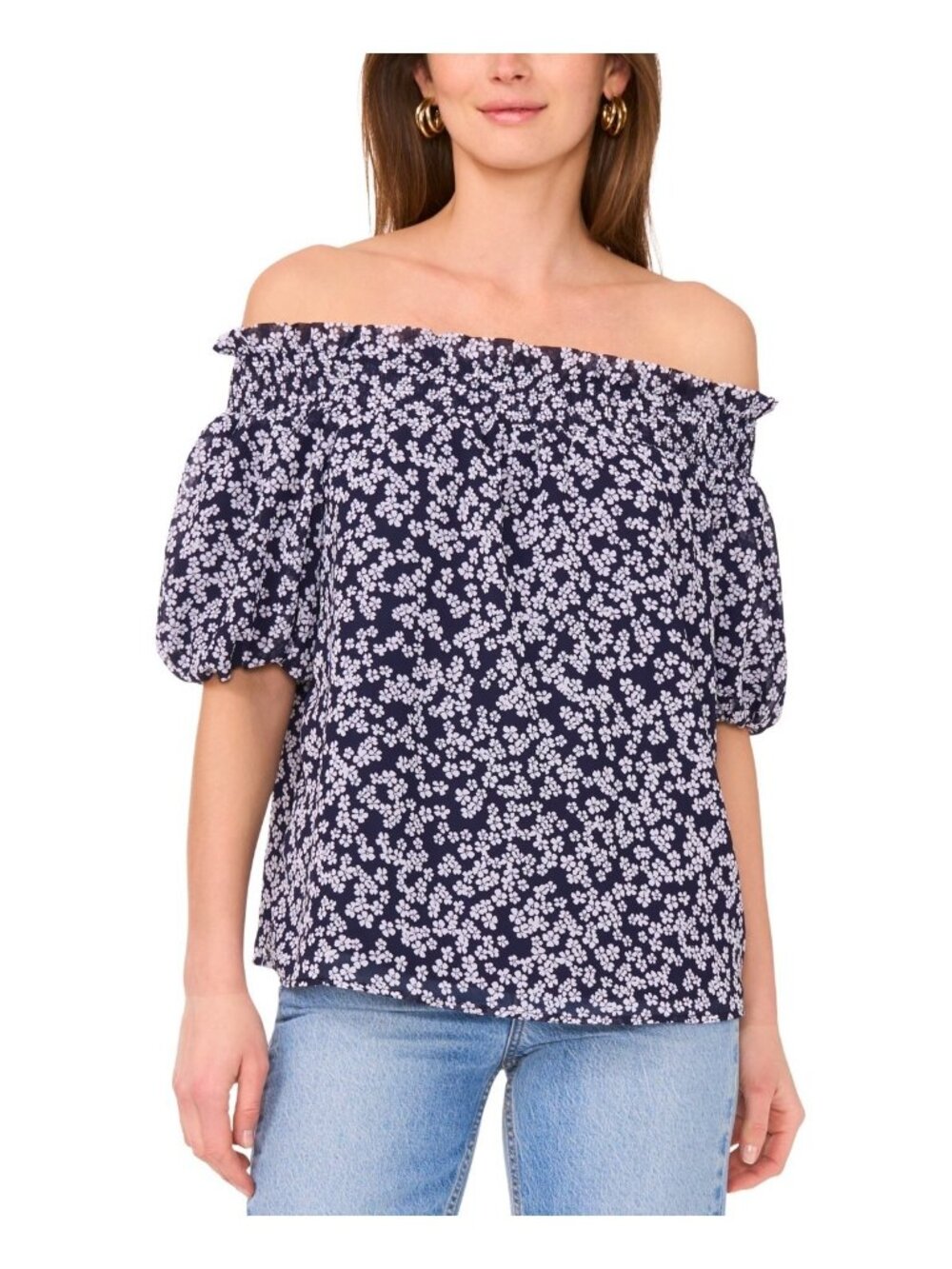 Sam & Jess Womens Printed Smocked Off-The-Shoulder Top Navy Blue Size L MSRP $69